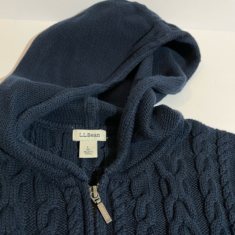 LL Bean Sweater Womens Large Cardigan Cable Knit Hooded Chunky Full Zip 298837 - Picture 2 of 9